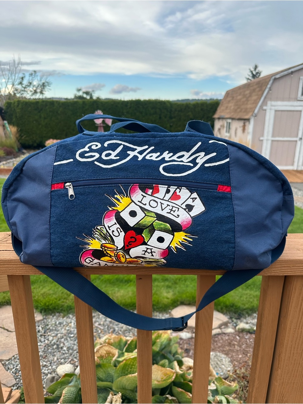 Ed Hardy Navy Duffle with Colorful Tattoo Artwork